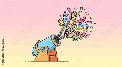 A cartoon cannon fires colorful confetti and streamers against a pastel gradient background