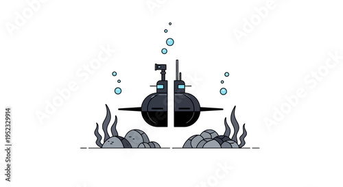 A vector illustration features a submarine, rocks, seaweed, and bubbles, all in a stylized design
