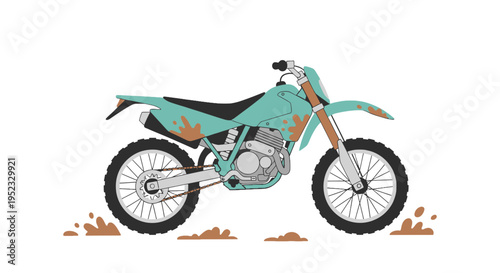 A teal and black off-road motorcycle with mud splatter, isolated on a white background
