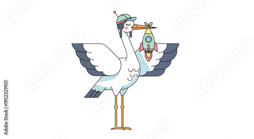 A stork wearing a helmet, holding a rocket, ready for delivery. Cartoon, line art style