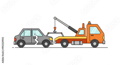 A broken gray car being towed by an orange tow truck. Cartoon style illustration on white