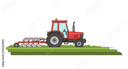 A red tractor plowing a field, flat vector illustration