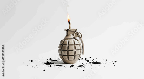 A metallic grenade with a lit fuse, surrounded by black splatters against a white background
