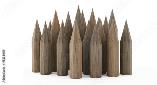 A cluster of sharpened wooden stakes, arranged on a white background, with varying shades