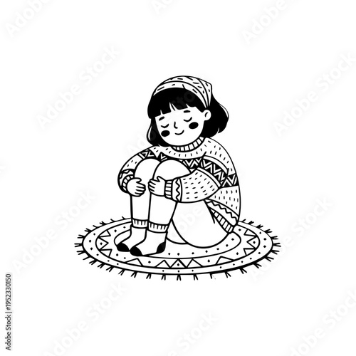 Little girl sitting on a rug.