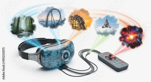 VR headset shows virtual reality experiences like forest, roller coaster, meditation, & nebula