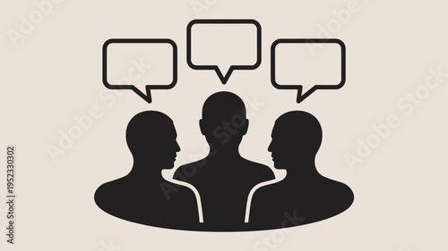 Three silhouetted people having a discussion with speech bubbles above their heads