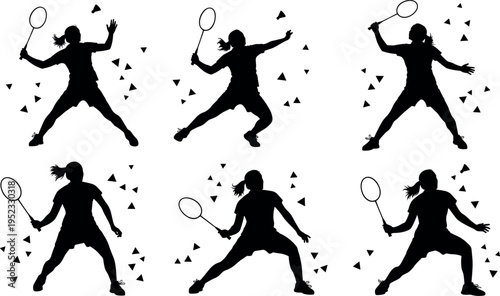 Badminton player silhouette collection showing dynamic action poses with racket and shuttlecock representing sport competition, fitness training, agility movement, active lifestyle and recreational 