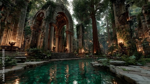 Ancient stone ruins surround a still pool in a mystical, green-lit forest. Lush foliage and columns prevail