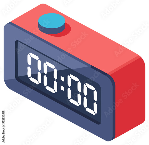 Isometric Digital Alarm Clock Showing Midnight and Red Frame Vector