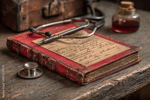Wallpaper Mural Antique medical setup worn red book, stethoscope, pen, old documents, potion bottle & wooden box on a rustic surface Torontodigital.ca
