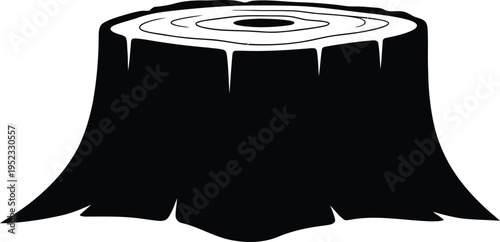 A black and white illustration of a tree stump with a flat top and rough bark texture on a plain background