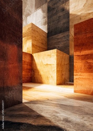 Wallpaper Mural Architectural abstract featuring geometric blocks with varying textures and warm-toned earthy color palettes Torontodigital.ca