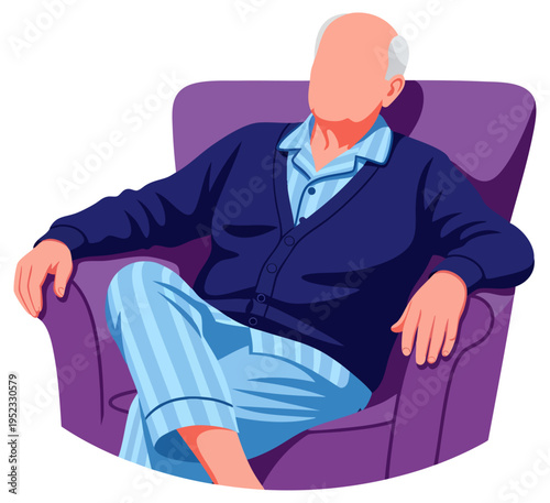 Senior Man Sitting in Purple Armchair Relaxing at Home Vector