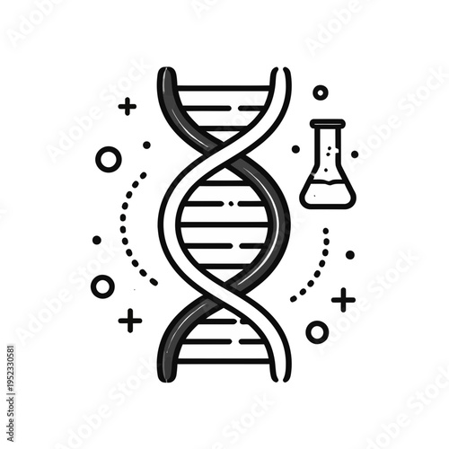 Modern line art icon of a DNA double helix and laboratory flask, symbolizing genetic research, scientific discovery, and biological advancement