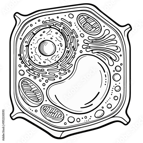 Detailed black and white illustration of a plant cell, showcasing its internal organelles and structure