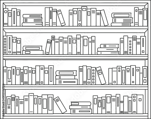 Minimalist line art illustration featuring a classic bookshelf fully stocked with various books, symbolizing education, knowledge, and intellectual pursuits.
