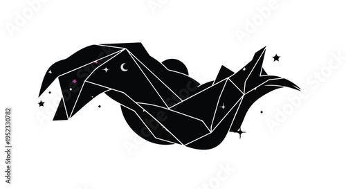 Geometric whale silhouette incorporates celestial bodies within its abstract form.