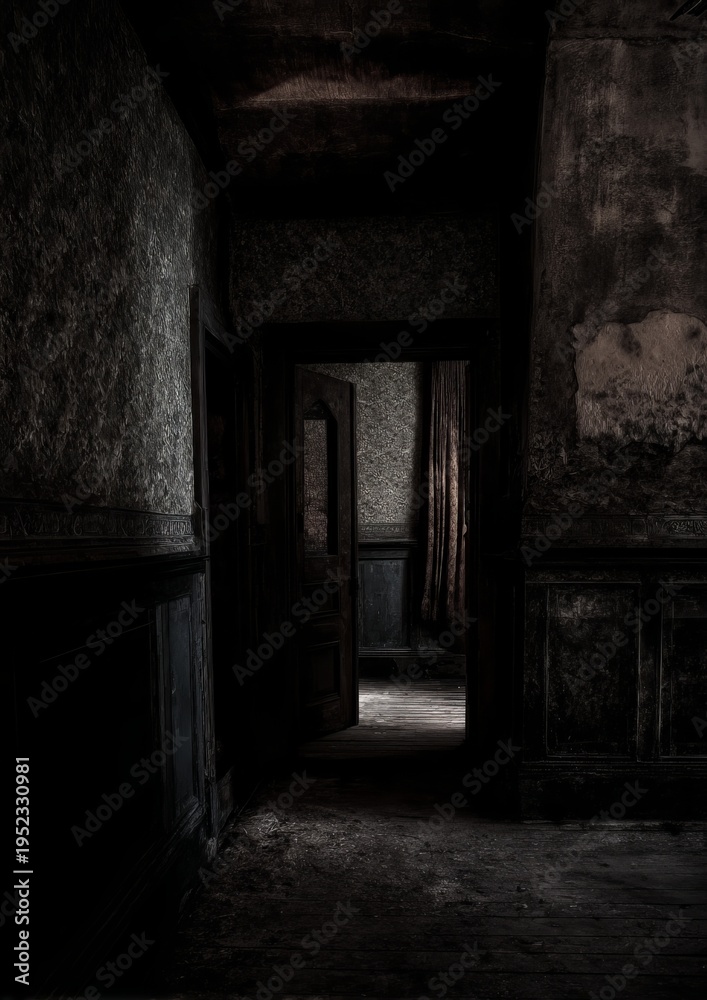 Obraz premium Atmospheric shot of a dark, decaying corridor, leading to a doorway, ominous tones and texture