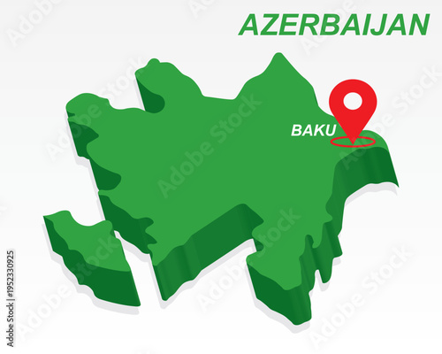 Azerbaijan Map Vector, Baku Capital City Marker on Green 3D Country Shape, Azerbaijan Infographic Design, Editable Destination Pointer Azerbaijan Geography