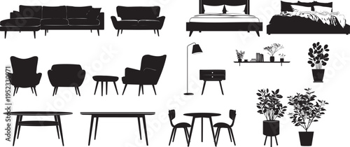 Collection of modern furniture and houseplants in a minimalist interior design