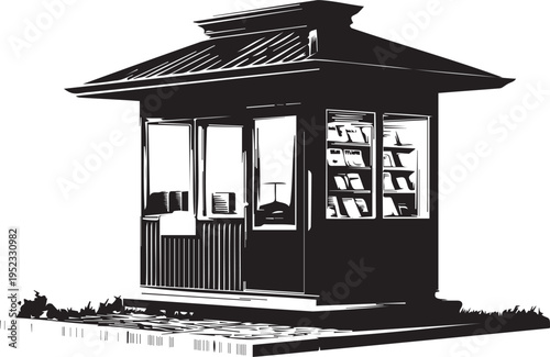 A street kiosk on a paved area sells newspapers and magazines.