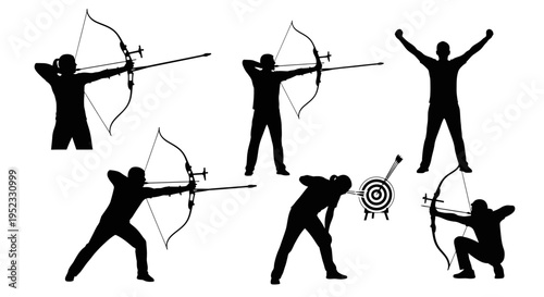 Archery Silhouette Collection: Athletes Aiming, Shooting, and Celebrating Victory