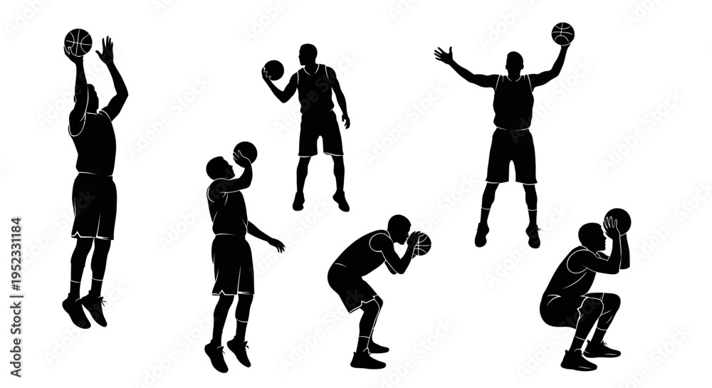 Obraz premium Basketball Player Silhouette Set: Action Poses of Dribbling, Jumping, Shooting