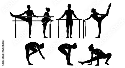 Ballet Dancers Silhouette Stretching at Barre and Floor Exercises
