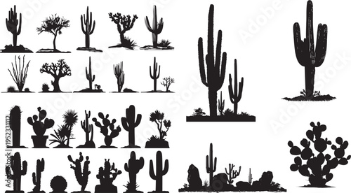 A large collection of various cactus silhouettes in a set