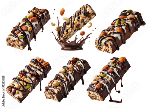Chocolate coated nut protein energy fitness bar topped with almonds, cashews, walnuts, and chocolate drizzle isolated on white transparent background, concept of healthy snack