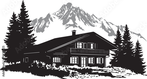 Charming alpine chalet nestled in front of majestic mountains and trees