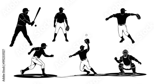 Baseball Player Silhouettes: Action Poses of Athletes in Game