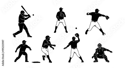 Baseball Players Silhouette Set: Action Poses of Batting, Pitching, Catching, and Fielding