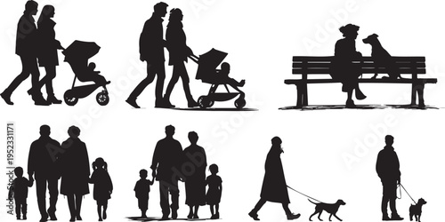 Silhouettes of families walking with children and dogs in a park setting