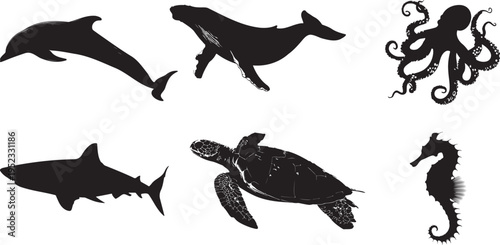 Black silhouettes of ocean sea creatures like dolphins, whales, sharks, and octopus