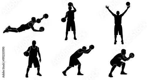 Basketball Player Silhouette Set: Dribbling, Shooting, and Catching Actions