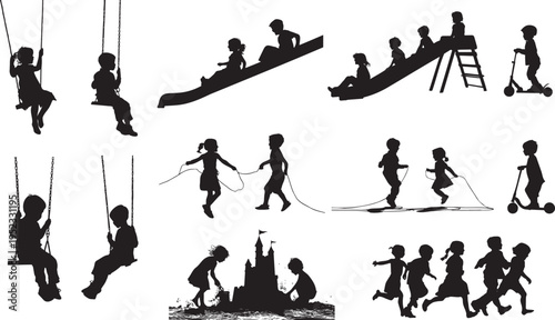 Children playing together on swings and slides in a park outdoors