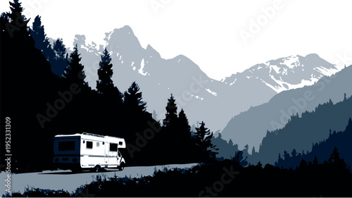 Motorhome driving on a road through a mountainous forest landscape