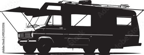 Silhouette of a retro motorhome with an awning extended