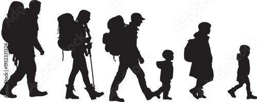 Silhouette of a hiking group including adults and children