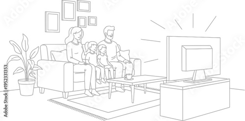 Family of four parents and two children sitting on a comfortable couch in the living room watching television together.
