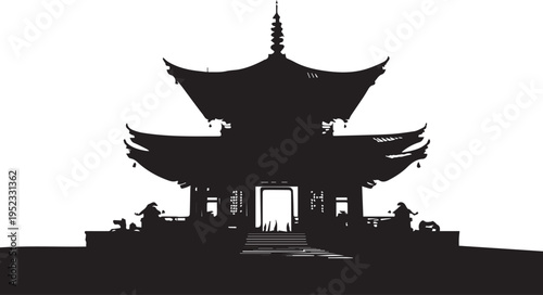 Silhouette of a traditional multi-tiered Japanese pagoda with intricate roof details