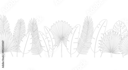 Seamless line art border featuring a variety of tropical leaves including palm fronds, banana leaves, and monstera plants, ideal for design.
