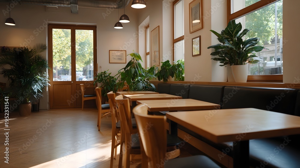 Fototapeta premium Interior of a bright modern cafe with wooden tables chairs and lush green plants bathed in sunlight with no people present
