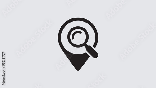 A black and white icon of a magnifying glass over a location pin on a gray background