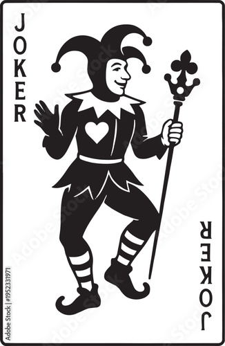 Classic joker playing card illustration featuring jester with scepter and heart on costume