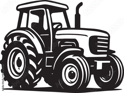 Black silhouette of a farm tractor, vintage agricultural machine illustration