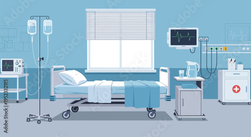 Empty hospital patient room featuring medical equipment like an intravenous drip and vital signs monitor