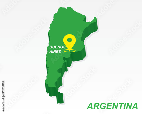 Argentina Map Vector, Buenos Aires Capital City Marker on Green 3D Country Shape, Argentina Infographic Design, Editable Destination Pointer Argentina Geography